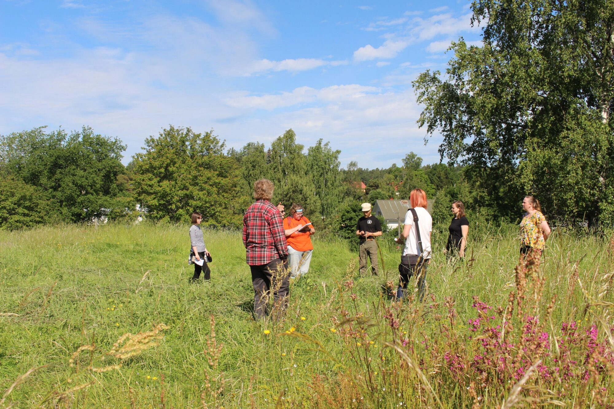 Toimittajia ja talkoolaisia niityllä