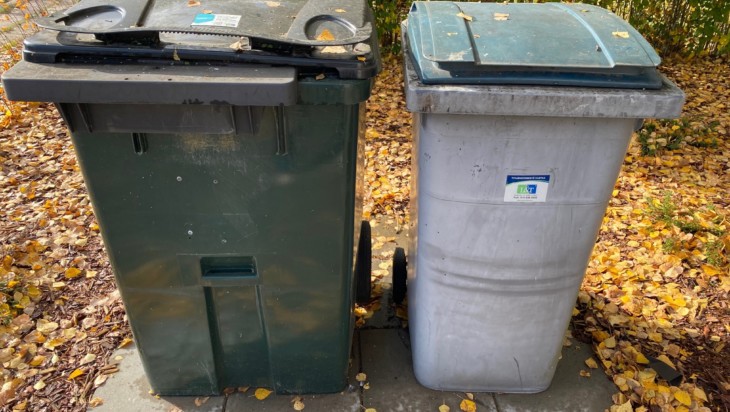 Kaksi jäteastiaa syksyisellä pihamaalla