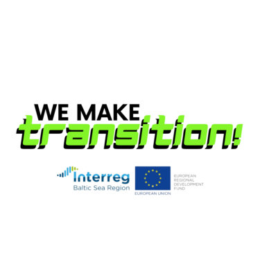 We Make Transition -hankkeen logo: hankkeen nimi, Interreg-ohjelmalogo ja EU-lippu