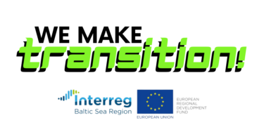 We Make Transition -hankkeen logo: hankkeen nimi, Interreg-ohjelmalogo ja EU-lippu