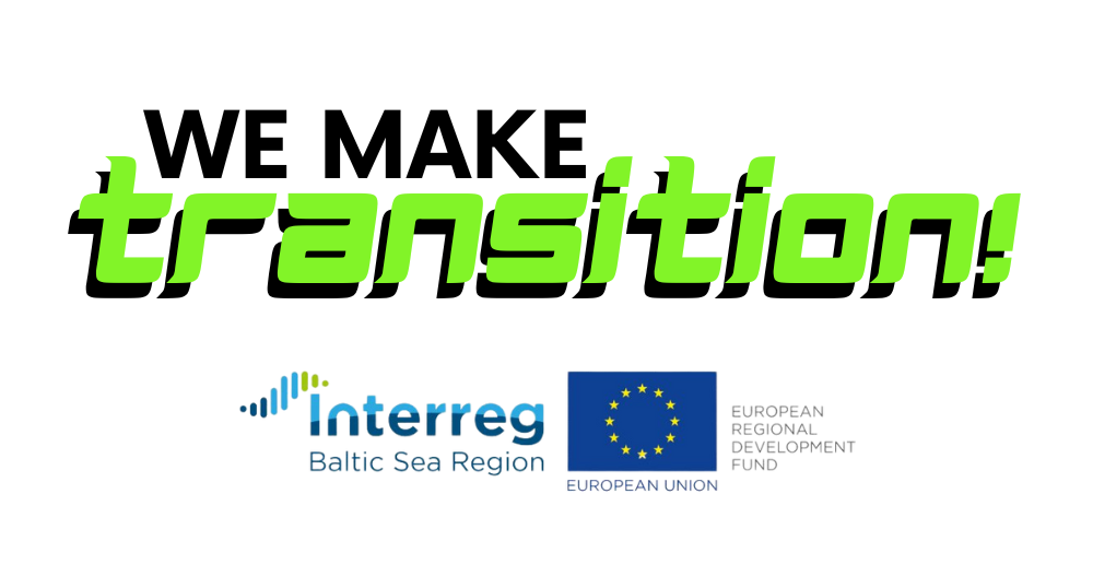 We Make Transition -hankkeen logo: hankkeen nimi, Interreg-ohjelmalogo ja EU-lippu