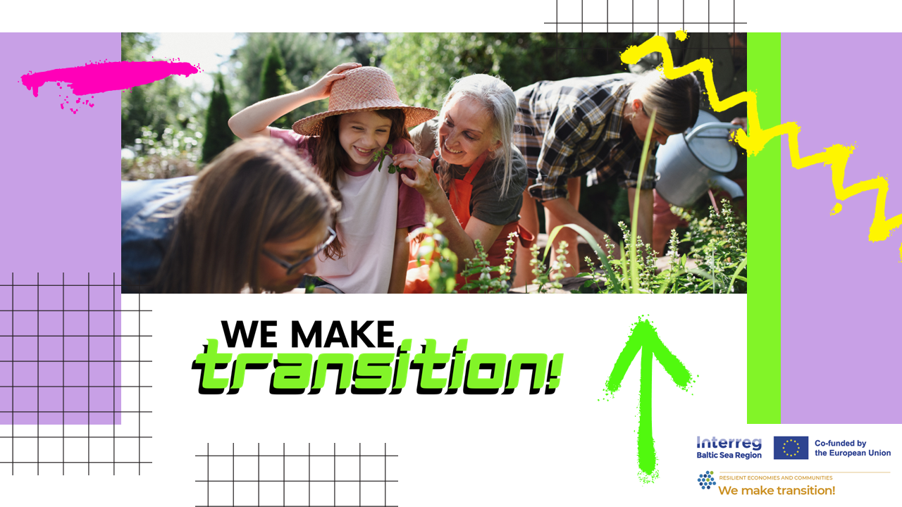 We make transition! -hankkeen esittelykuva, jossa on hankkeen ja rahoittajan logot sekä kuva eri ikäisistä hymyilevistä ihmisistä kasvimaalla.