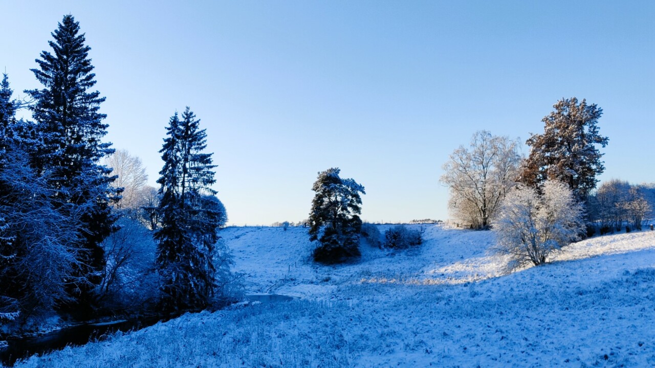 Luminen maisema, jossa puita ja joenuoma.