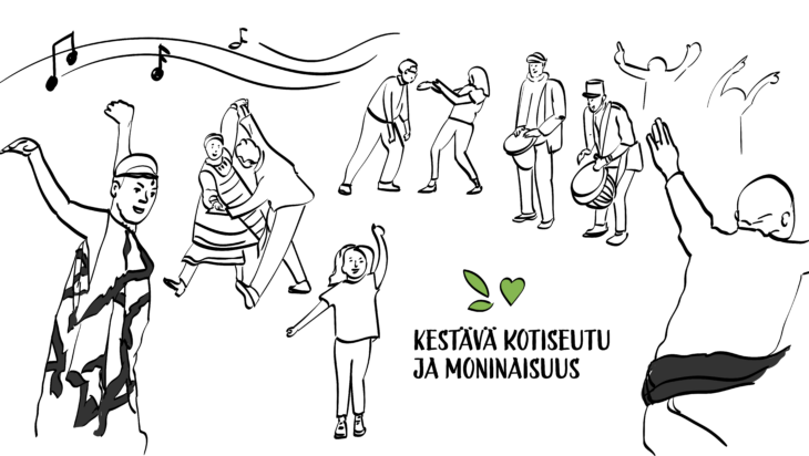 mustavalkoinen piirroskuva, jossa ihmiset tanssivat ja soittavat rumpua. Kuvassa teksti Kestävä kotiseutu ja moninaisuus.
