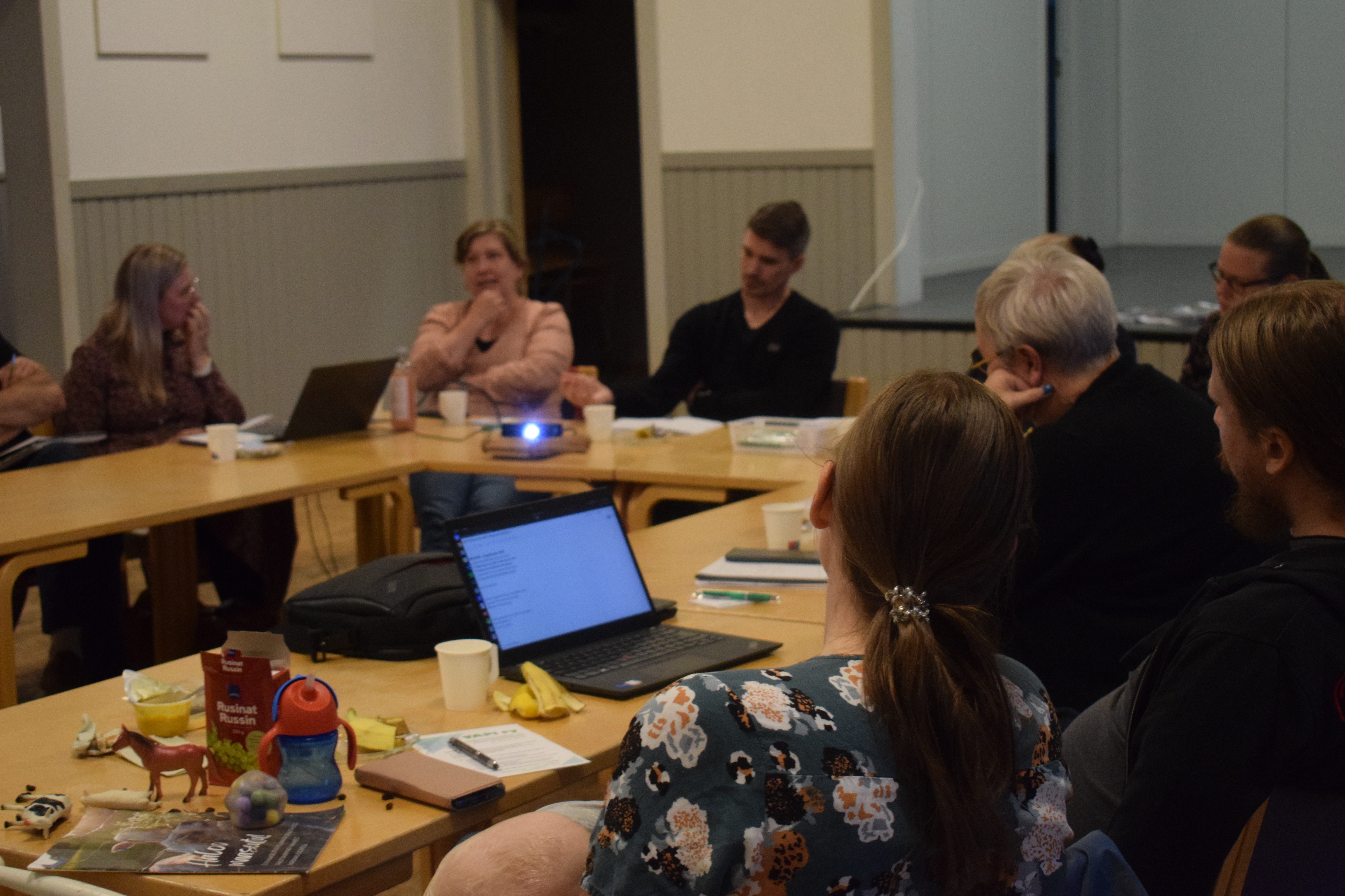 Ihmisiä kokouspöydän ympärillä keskustelemassa.